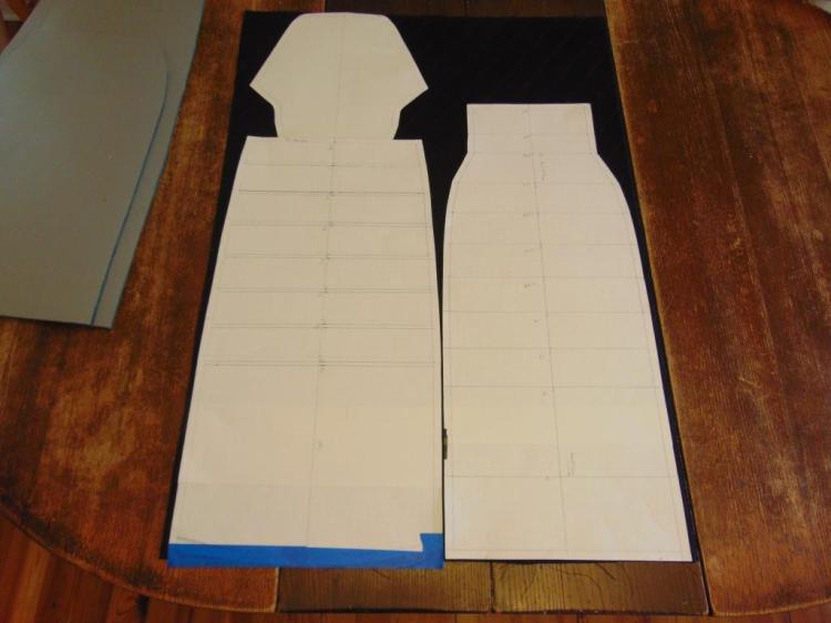 Paper patterns. The horizontal lines are for the seams. These are the 3 fabric pieces required to cover one seat. 1.1 meters cut length by 1.5 meters roll width was just enough to cover 2 seats.